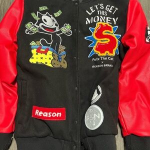 Reason Felix the Cat Varsity Jacket Black Red Men's Embroidered Heavyweight